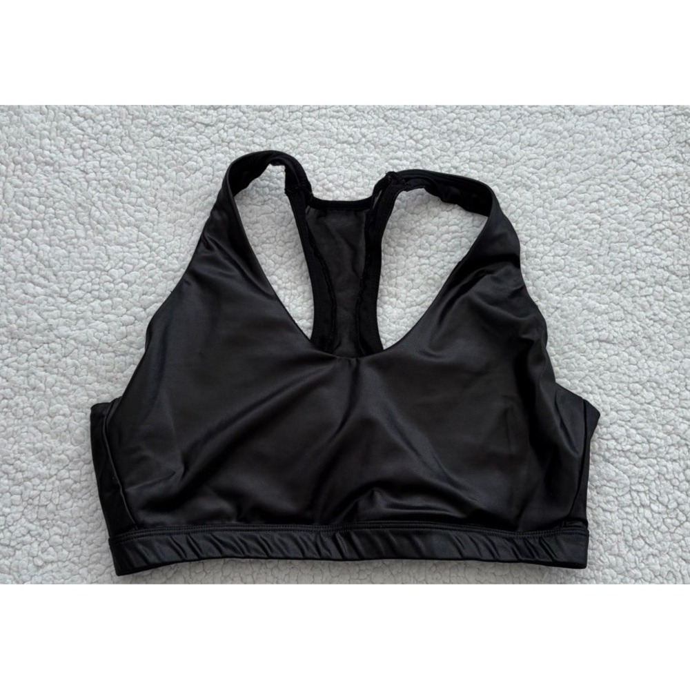 Black Faux Leather Sports Bra Racer back Sheer Lace Cut Out Back Size Large